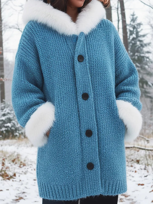 Cozy Fur-collar Patchwork Knit Button-down Coat